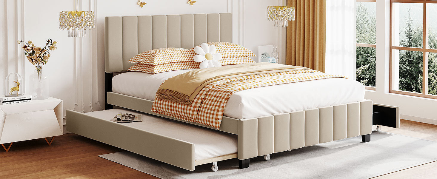 Queen Size Velvet Upholstered Platform Bed with 2 Drawers and Trundle- Beige