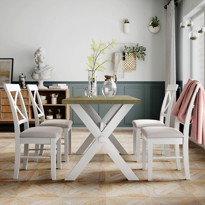 5-Pieces Farmhouse Rustic Wood Kitchen Dining Table Set - White + Beige