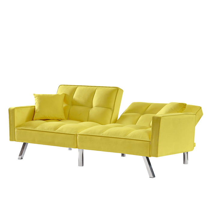 Modern Velvet Sofa Bed with Armrests and 2 Pillows - YELLOW