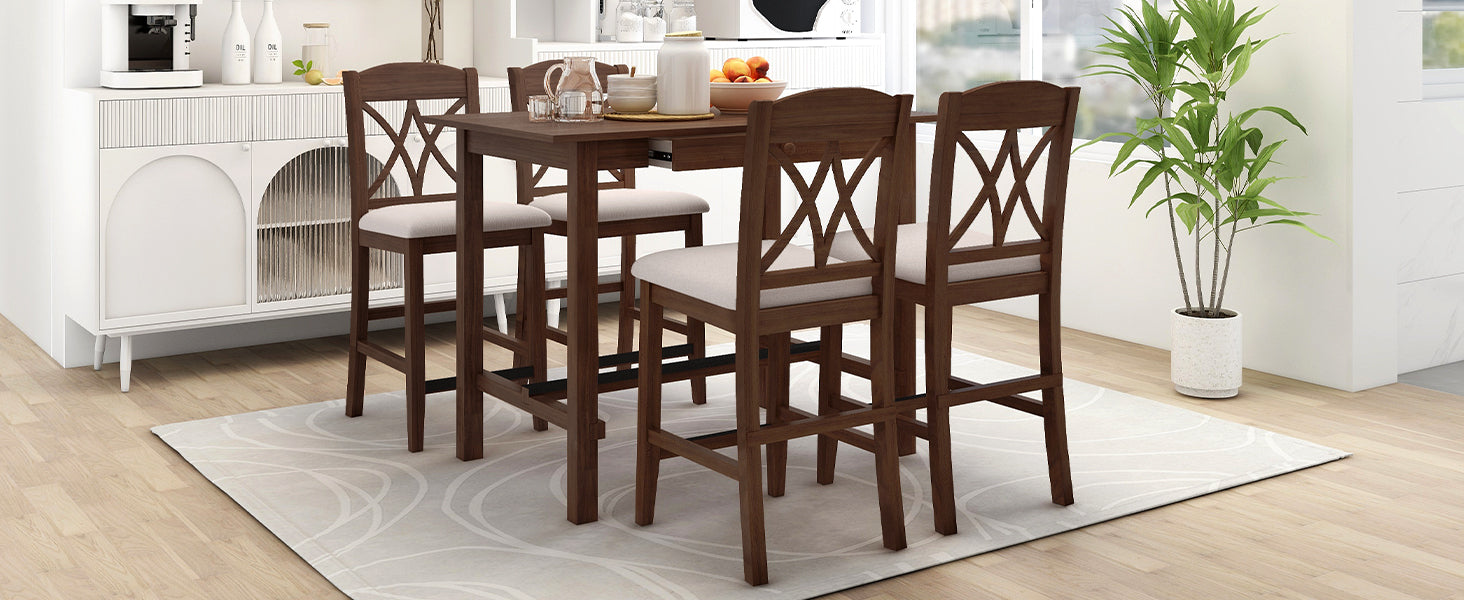 5-Piece Counter Height Dining Table Set - Walnut + Beige