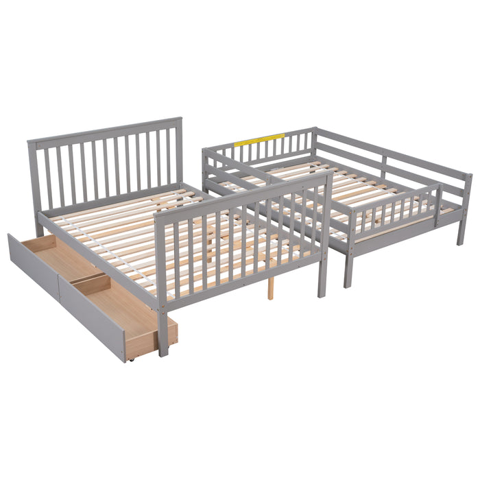 Full Over Full Bunk Bed with 2 Drawers and Staircases - Grey