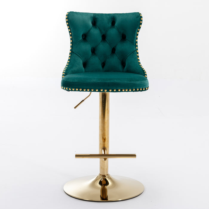 Golden Swivel Velvet Barstools, Green (Set of 2）