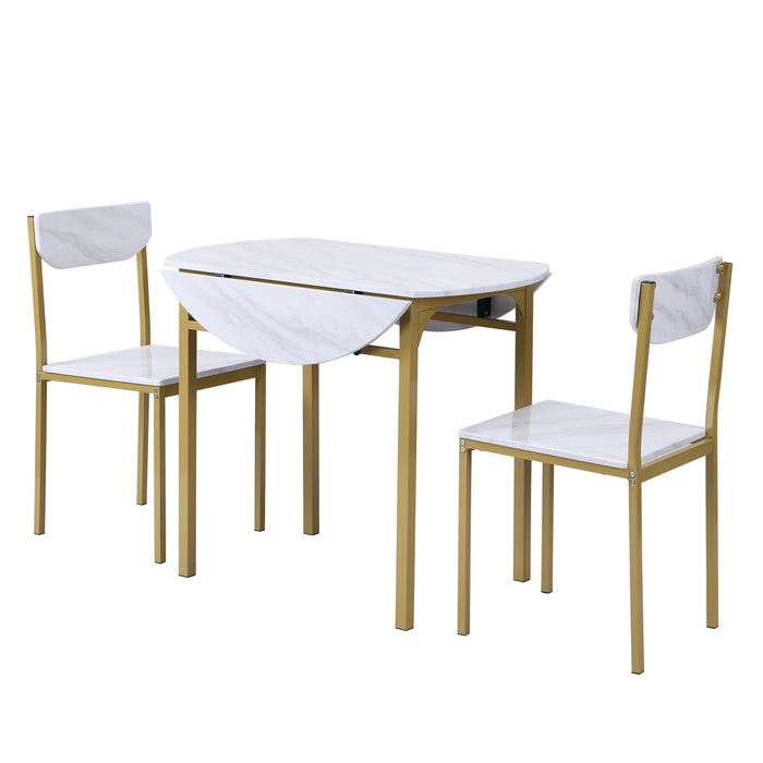 3-Piece  Modern Round Dining Table Set with Drop Leaf - Golden Frame + Faux White Granite Finish