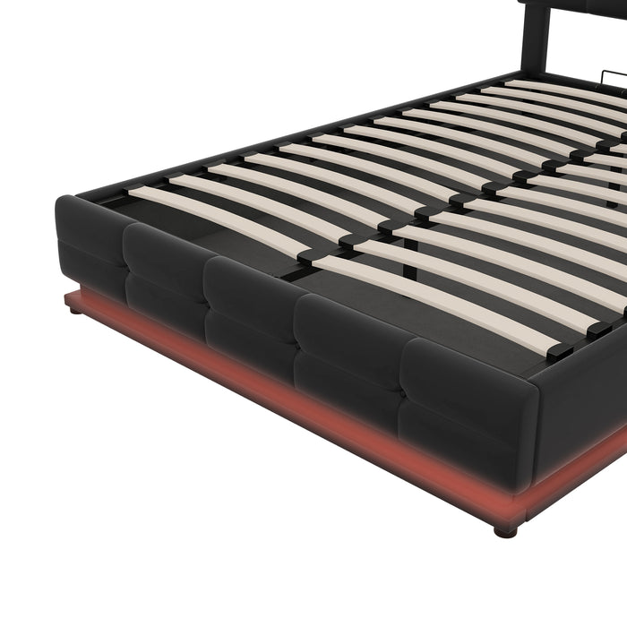 Full Size Tufted Upholstered Platform Bed with Hydraulic Storage and LED Lights and USB charger - Black