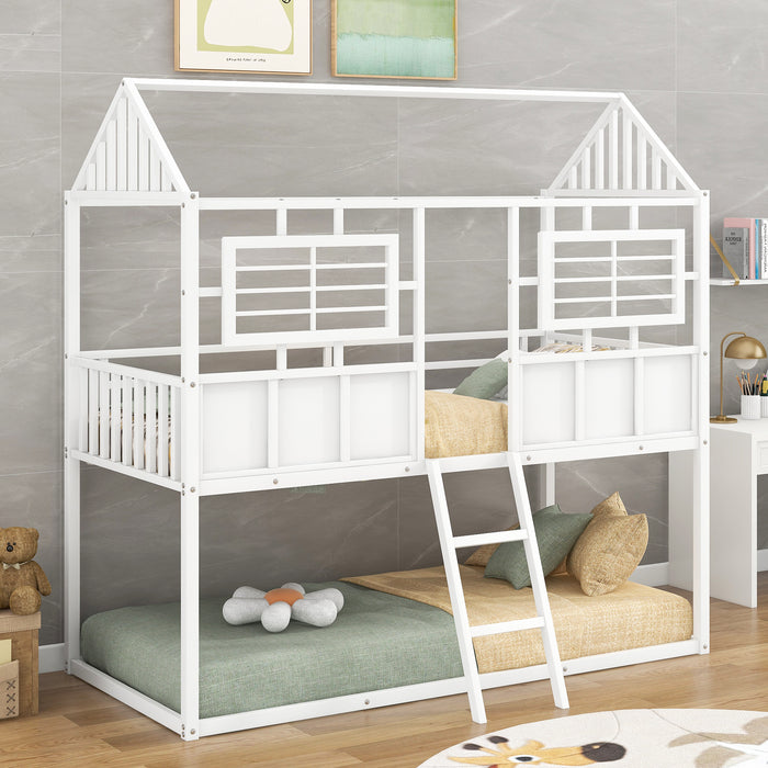 Twin over Twin Size Metal Low Bunk Beds with Roof and Fence-shaped Guardrail, White