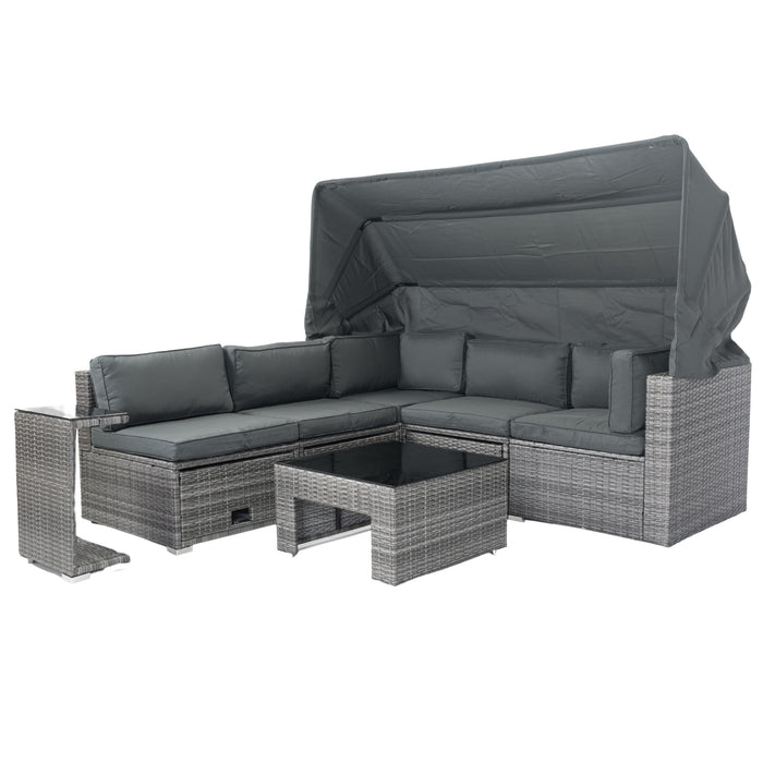 7-Piece Patio Furniture Set w/Retractable Canopy Wicker Rattan Sectional