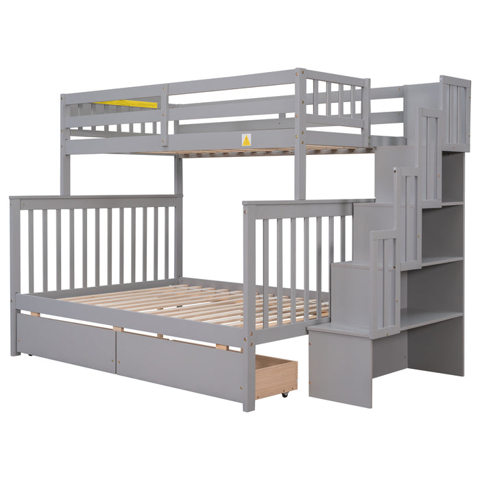 Twin Over Full Convertible Bunk Bed with 2 Drawers and Staircases - Grey