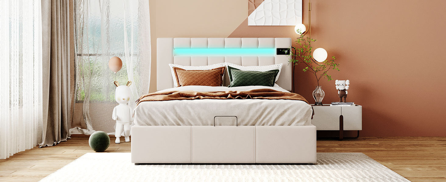 Full Size Velvet Upholstered Storage Bed with LED light, Bluetooth Player and USB Charging - Beige