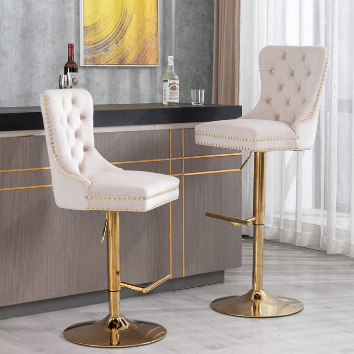 Modern Upholstered Velvet Bar Stools with Tufted Backs - Beige Set of 2