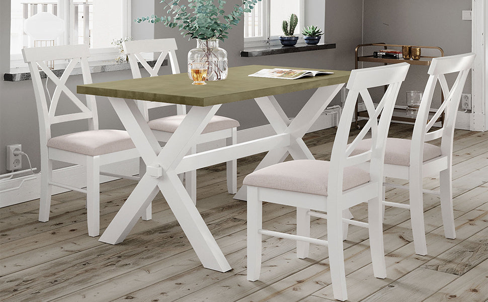 5-Pieces Farmhouse Rustic Wood Kitchen Dining Table Set - White + Beige