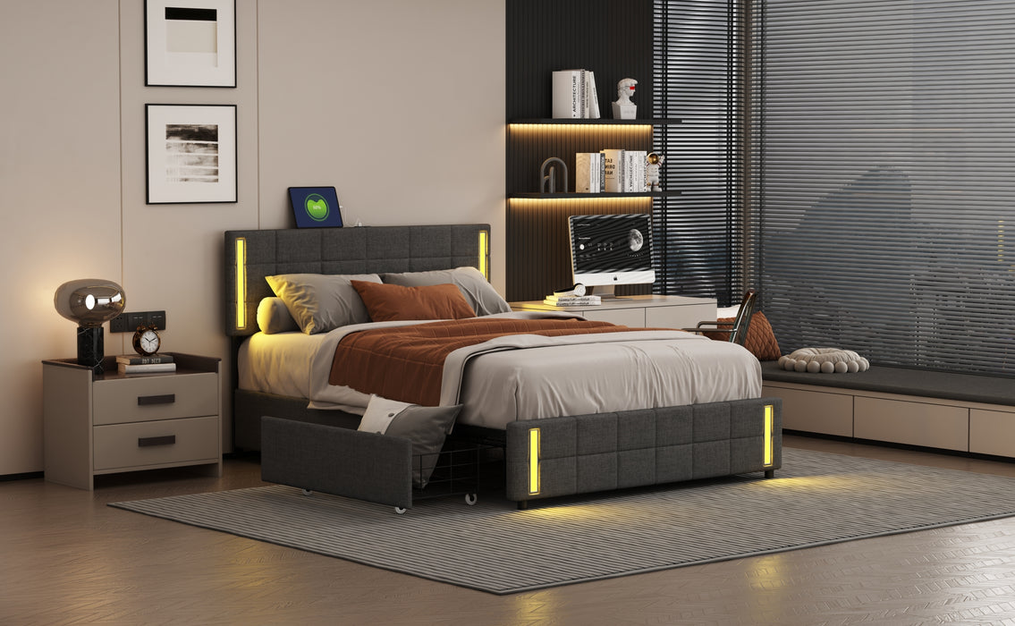 Queen Upholstered  storage Platform Bed with LED Lights and USB Charging - Dark Gray