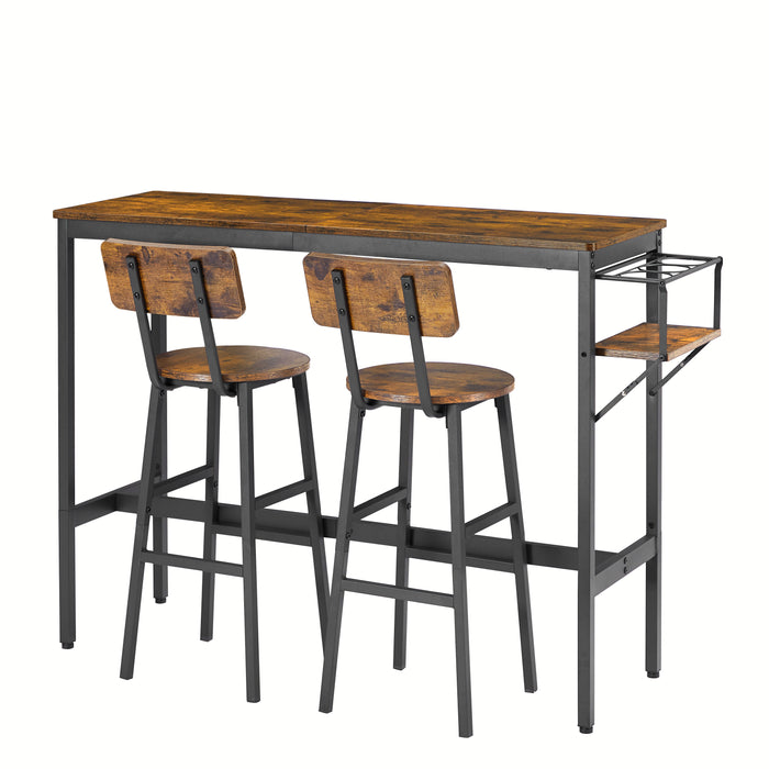 3-Piece Bar Table Set with wine bottle storage rack - Rustic Brown