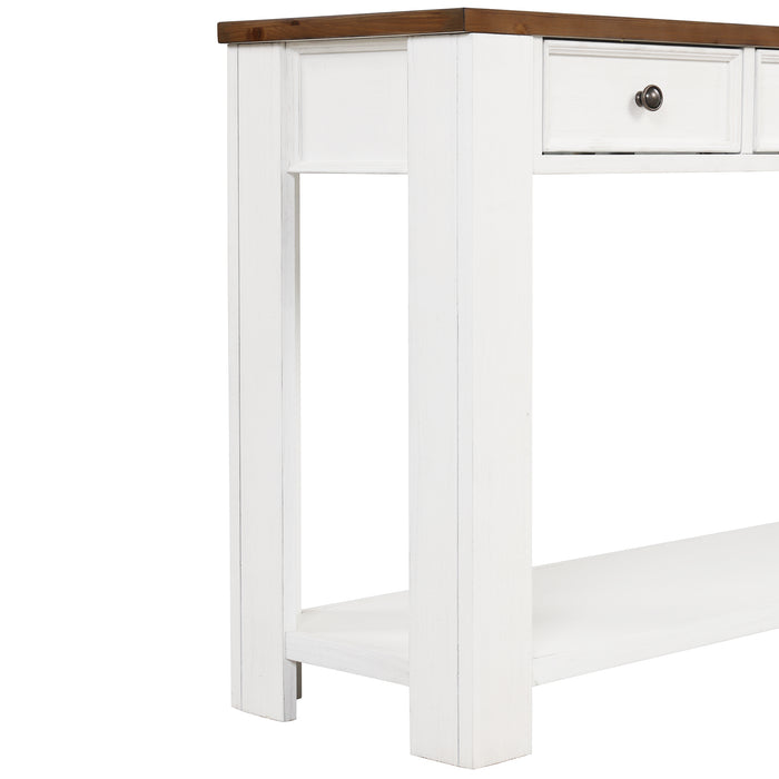 Pine Wood Console Table - Antique White+ Brown Top