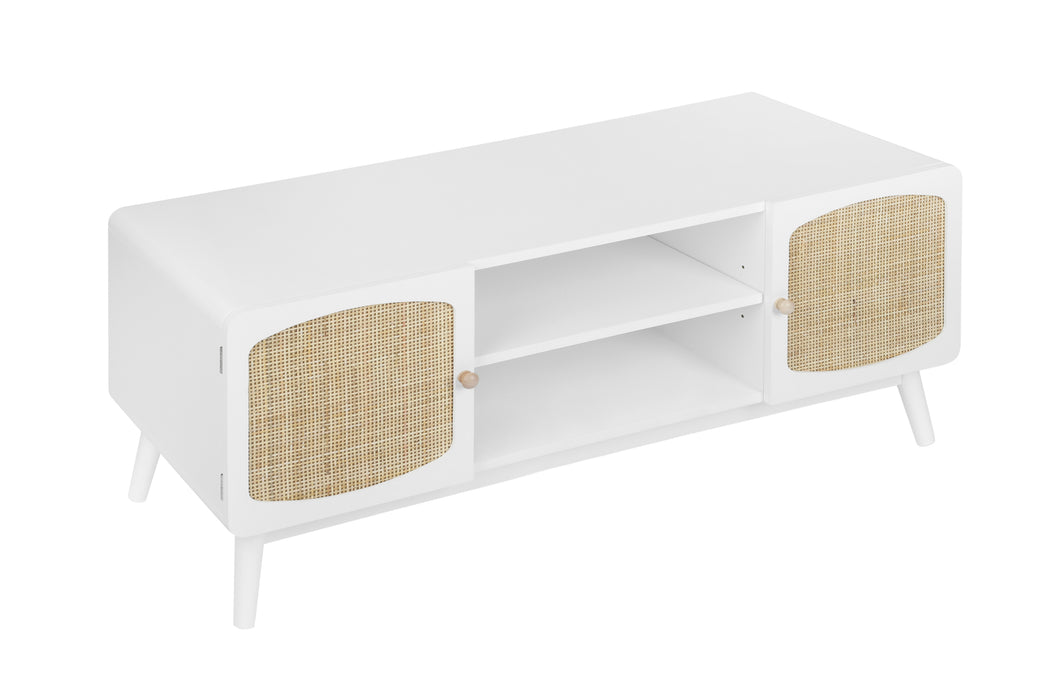 White TV Console with Rattan Door