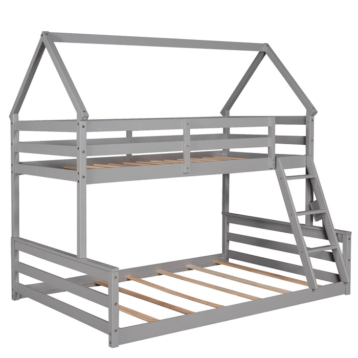 Twin over Full House Bunk Bed with Built-in Ladder - Gray