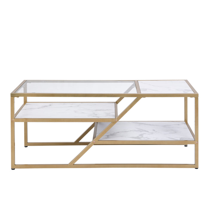 Golden Coffee Table with Storage Shelf - Tempered Glass