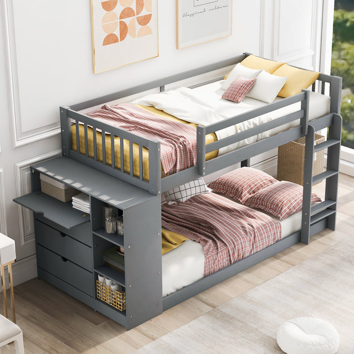 Twin over Twin Bunk Bed with Attached Cabinet and Shelves Storage - Gray