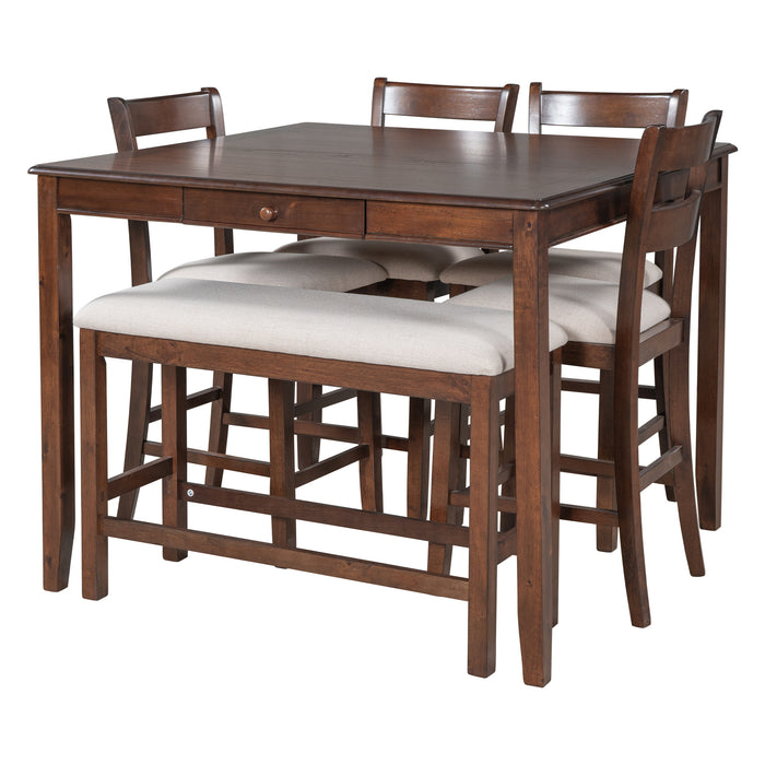 6-Piece Wood Dining Table Set with Storage Drawer - Walnut