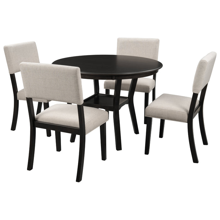 5-Piece Kitchen Dining Table Set Round Table with Bottom Shelf - Espresso