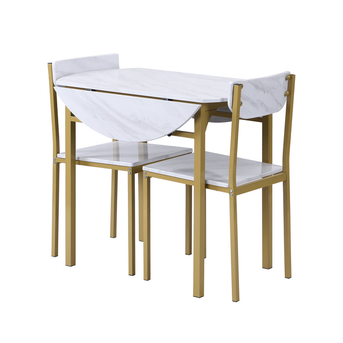 3-Piece  Modern Round Dining Table Set with Drop Leaf - Golden Frame + Faux White Granite Finish