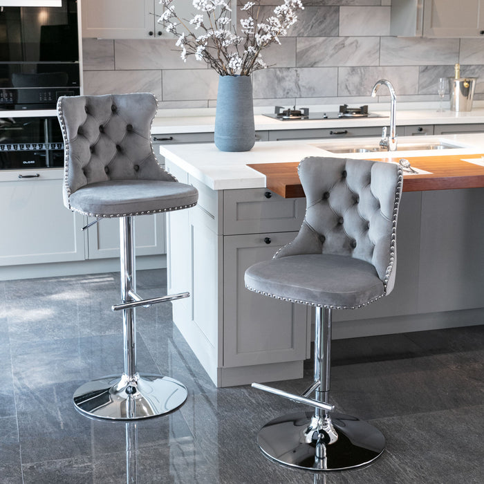 Swivel Velvet Barstools, Gray (Set of 2）