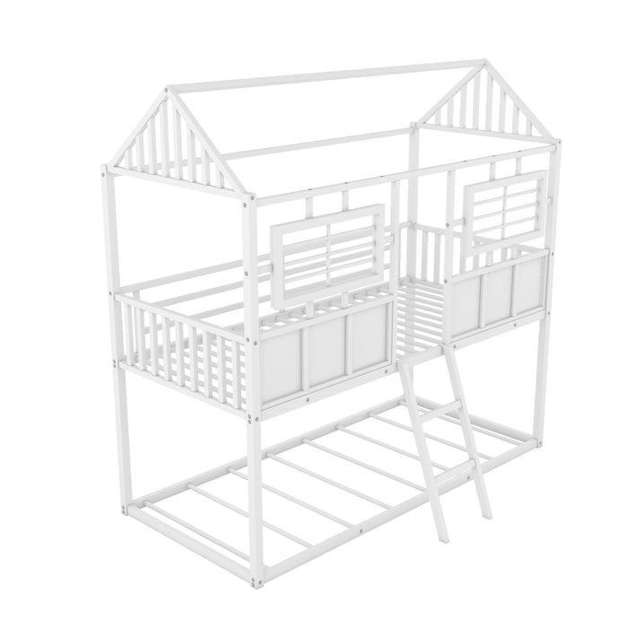 Twin over Twin Size Metal Low Bunk Beds with Roof and Fence-shaped Guardrail, White