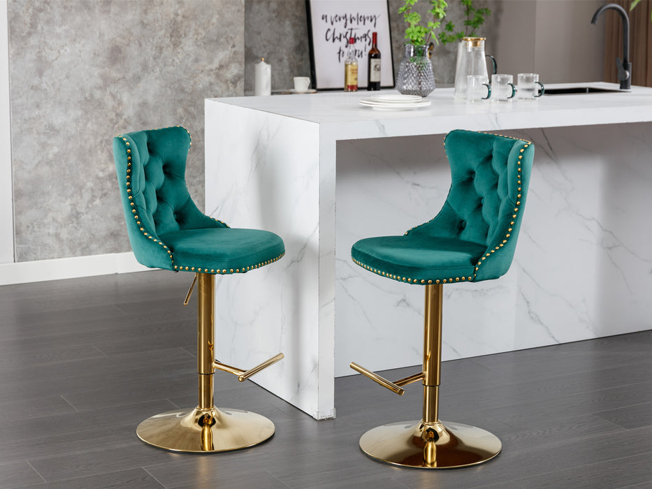 Golden Swivel Velvet Barstools, Green (Set of 2）