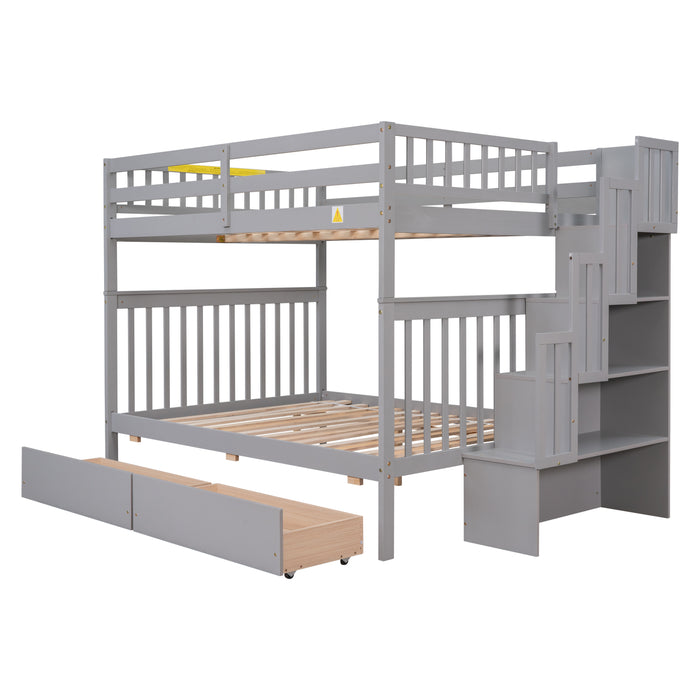 Full Over Full Bunk Bed with 2 Drawers and Staircases - Grey