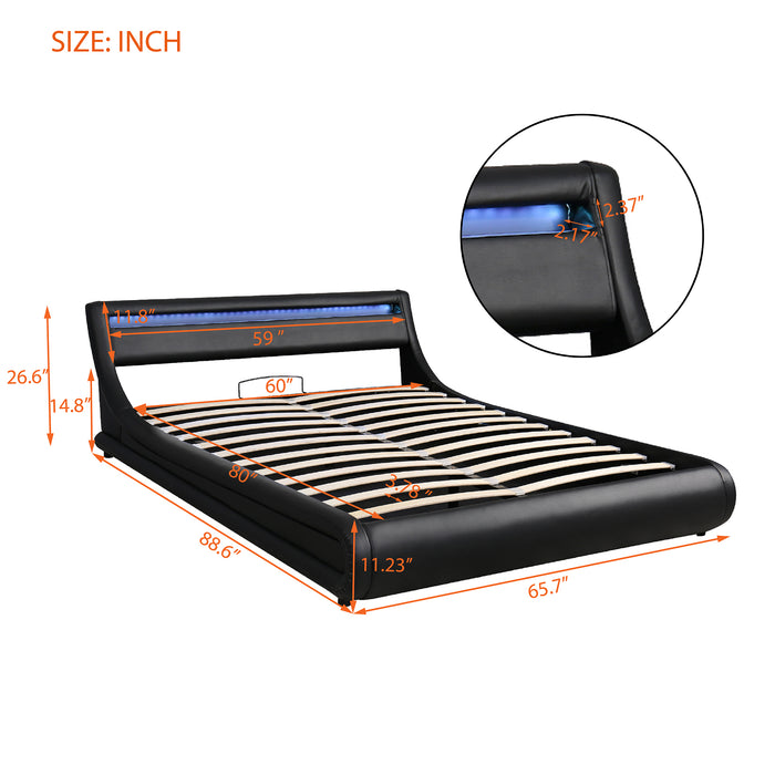 Queen Upholstered Faux Leather Storage Platform bed  with LED Light - Black