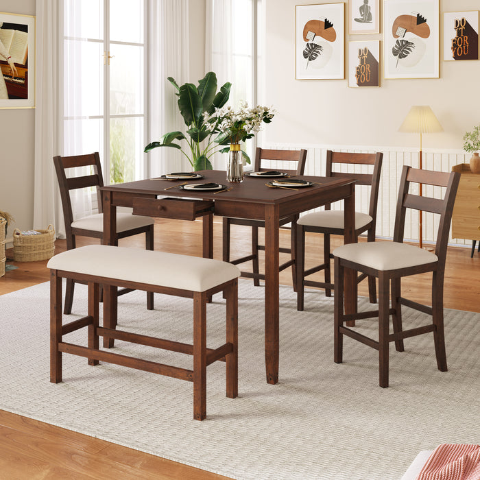 6-Piece Wood Dining Table Set with Storage Drawer - Walnut