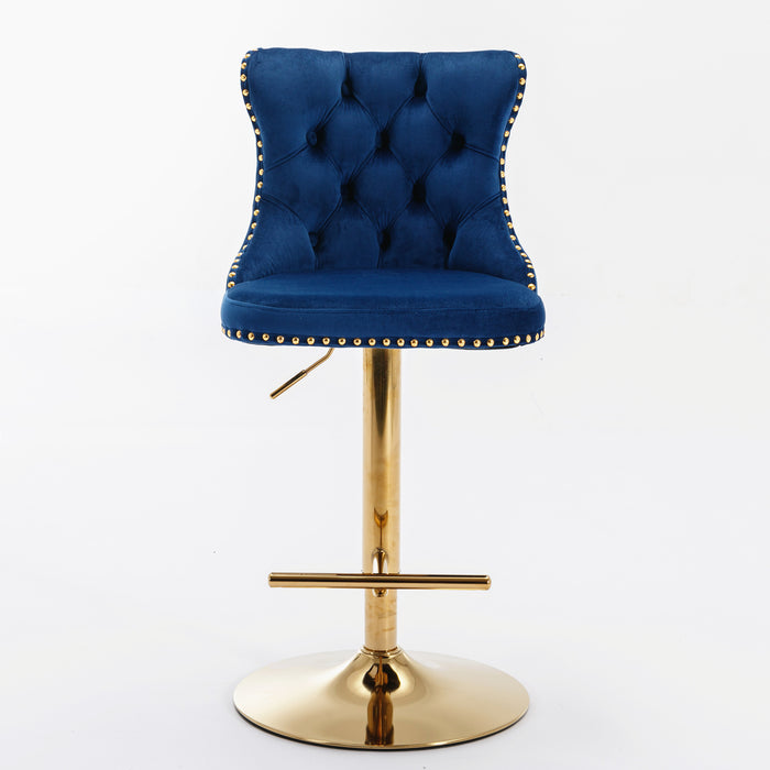 Golden Swivel Velvet Barstool, Blue (Set of 2）