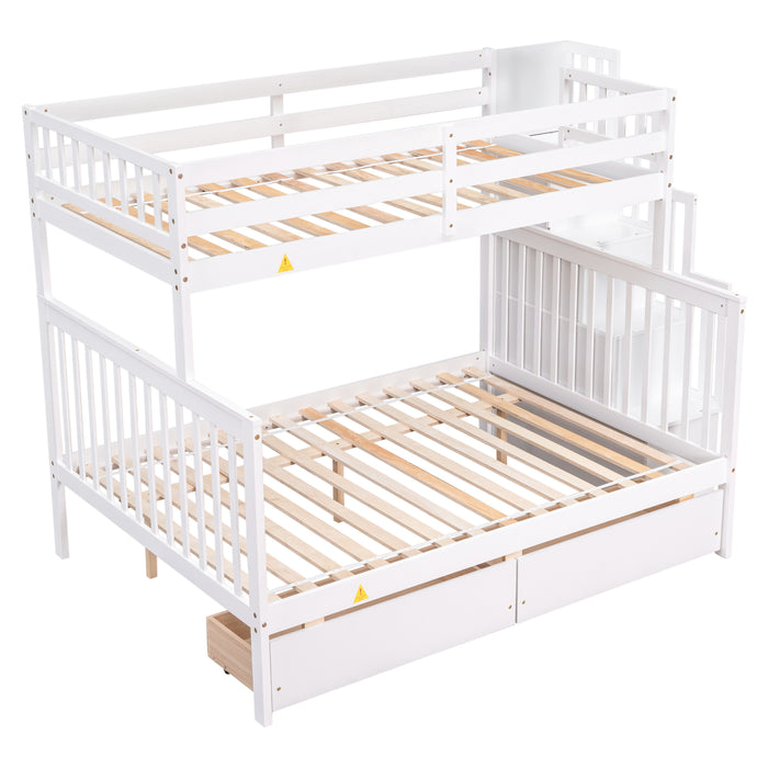 Twin Over Full Bunk Bed with 2 Drawers and Staircases - White