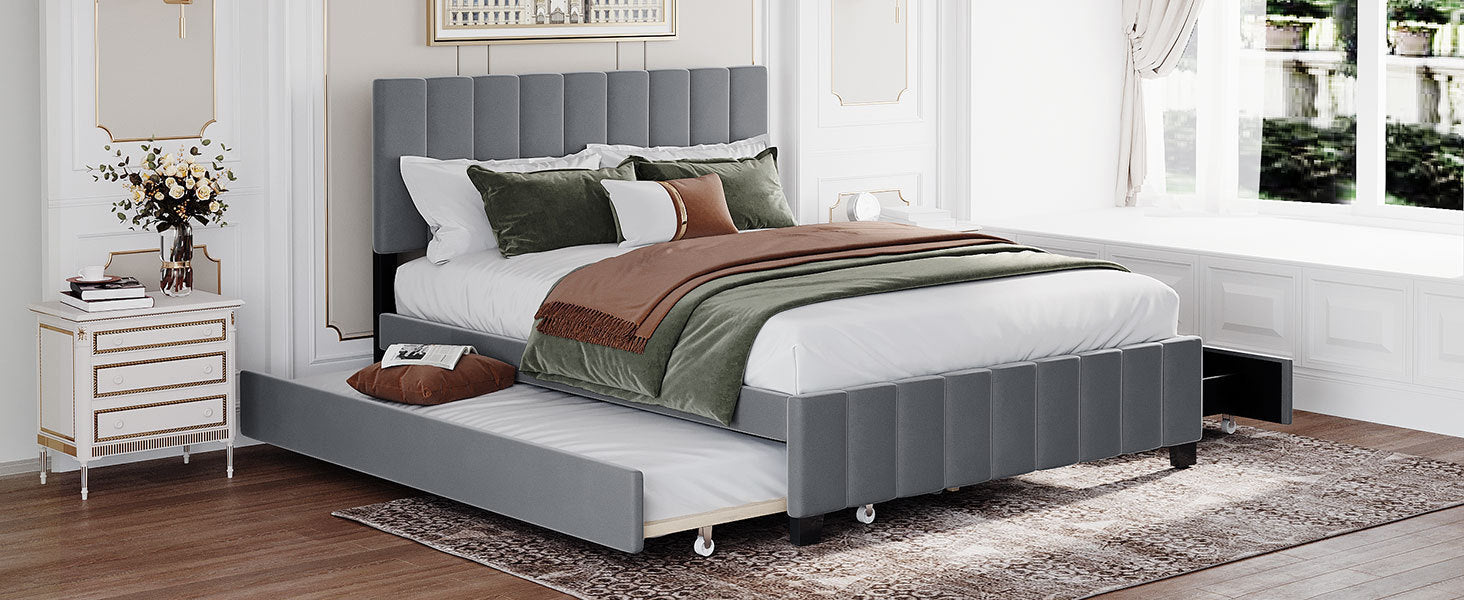 Queen Size Velvet Upholstered Platform Bed with 2 Drawers and 1 Twin XL Trundle- Gray