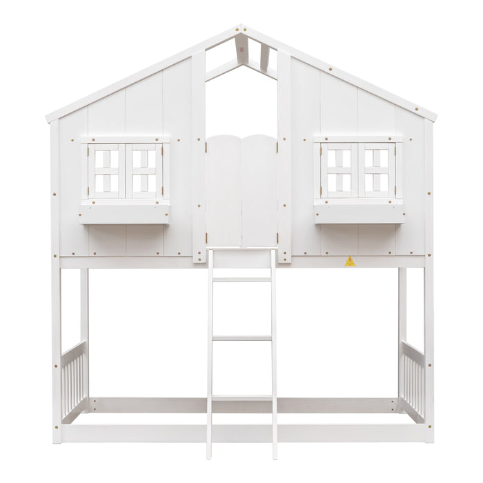 Twin over Twin House Bunk Bed with Roof , Windows - White