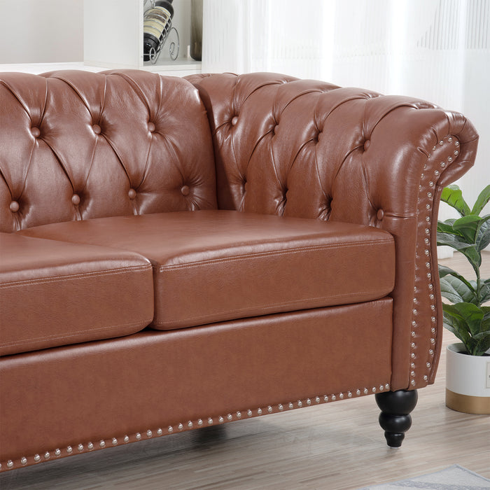 Rolled Arm Chesterfield 3 Seater Sofa - Brown