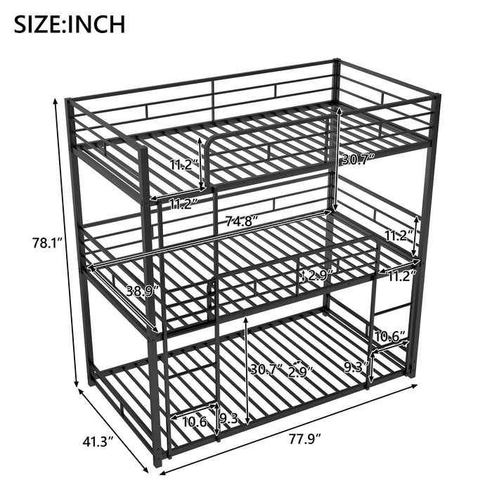 Metal Twin Size Triple Bunk Bed - Black