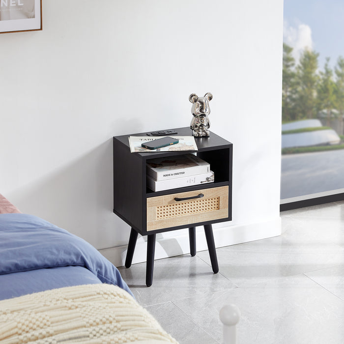 Rattan End table with Power Outlet  & USB Ports  -black