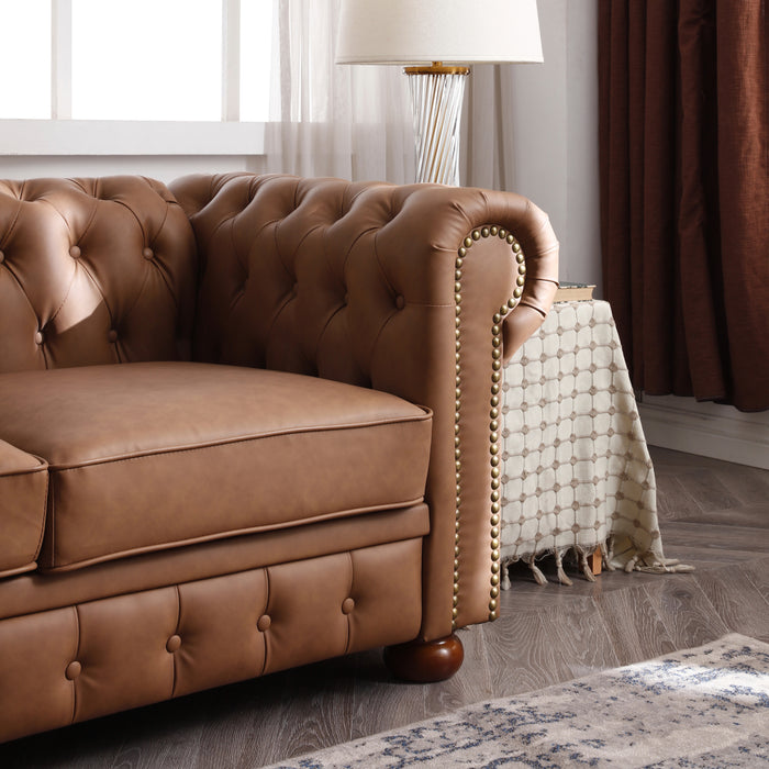 Classic Chesterfield Sofa - Brown Faux Leather