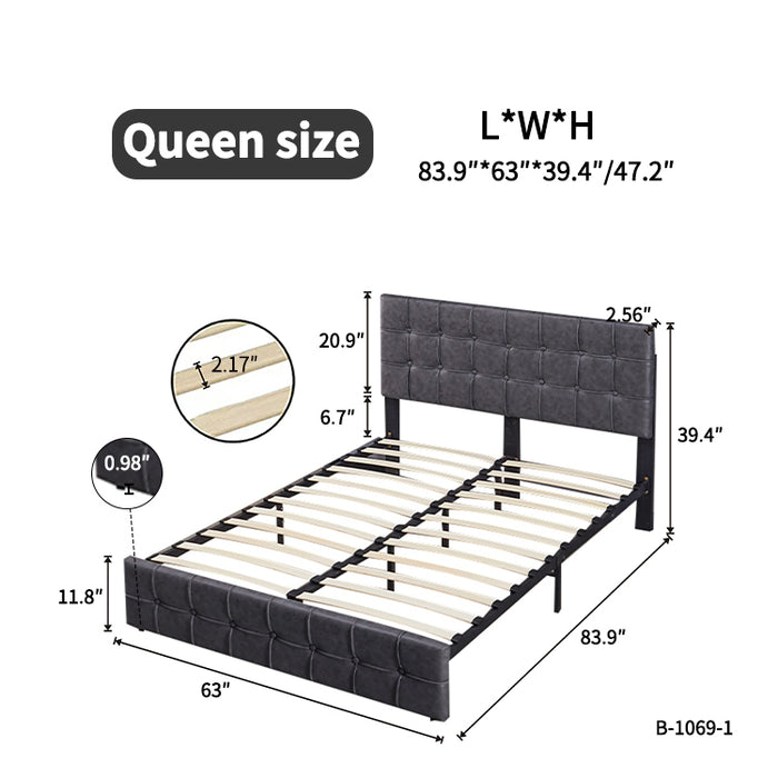 Queen Size Modern Upholstered Platform Bed with Adjustable Headboard, and Heavy Duty Bed Frame - Grey