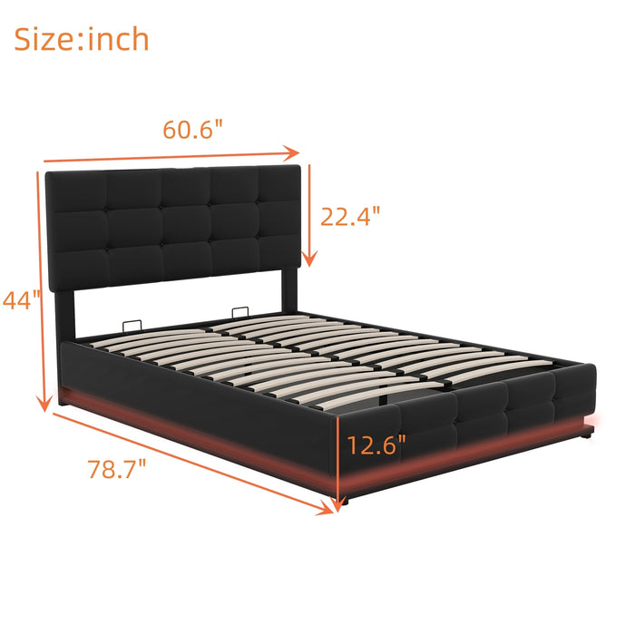 Full Size Tufted Upholstered Platform Bed with Hydraulic Storage and LED Lights and USB charger - Black