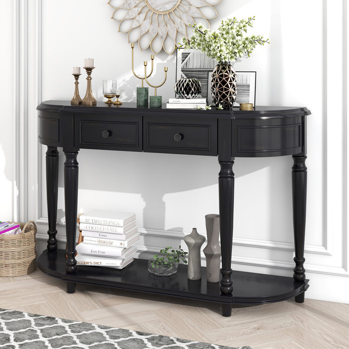 Retro Circular Curved Design Console Table with Open Style Shelf - Black