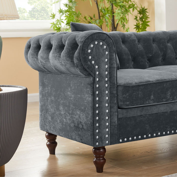 Luxury Classic Chesterfield L-shaped Sectional, Grey velvet