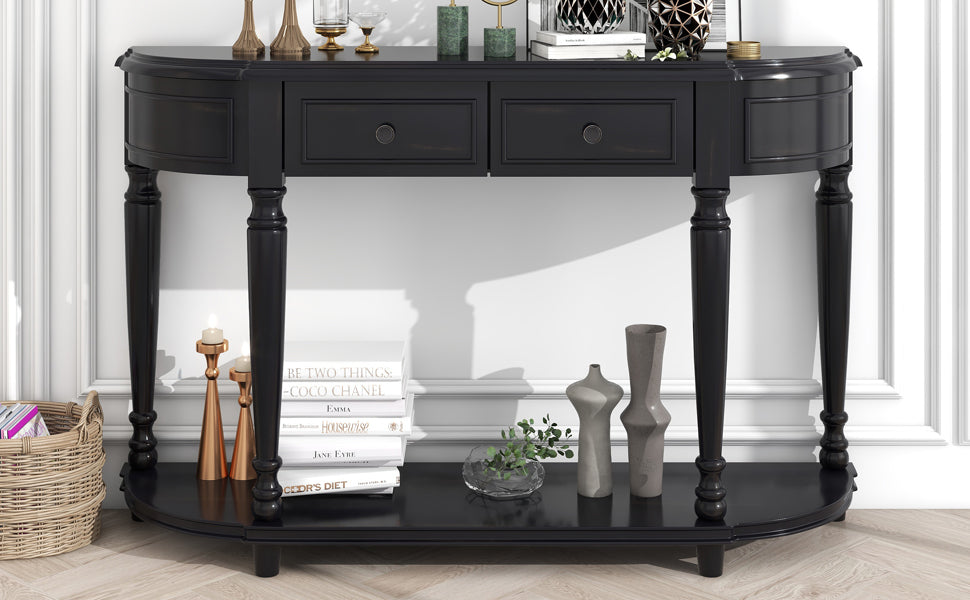 Retro Circular Curved Design Console Table with Open Style Shelf - Black