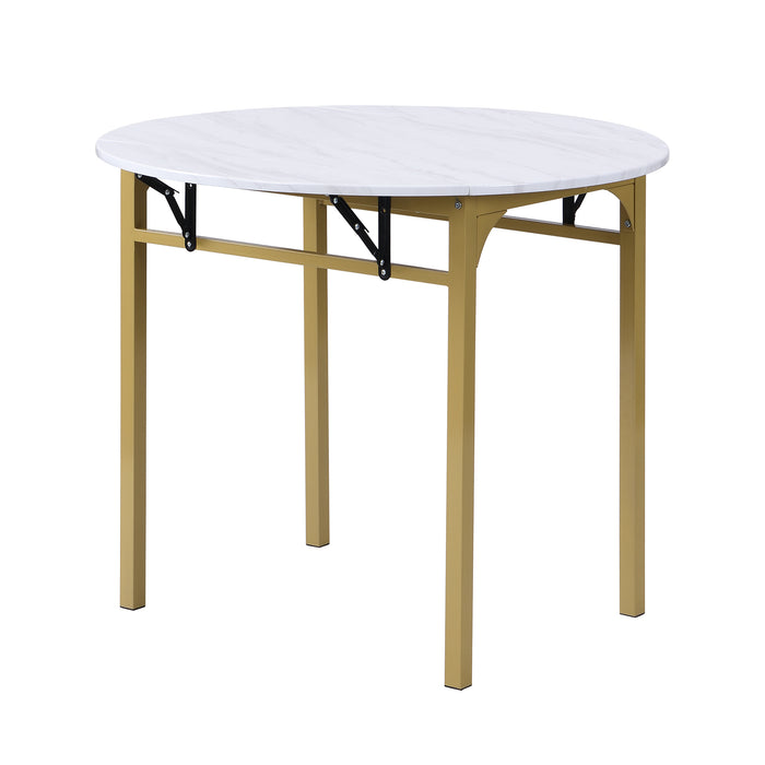 3-Piece  Modern Round Dining Table Set with Drop Leaf - Golden Frame + Faux White Granite Finish