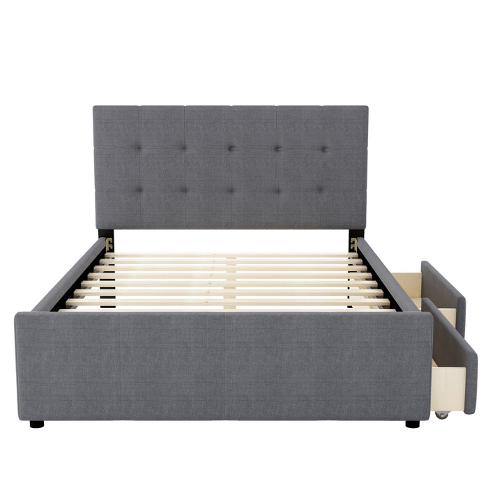 Queen Size Linen Upholstered Platform Bed With Headboard and Two Drawers, Gray