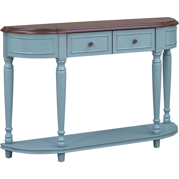 Retro Circular Curved Design Console Table with Open Style Shelf - Cherry + Antique Blue