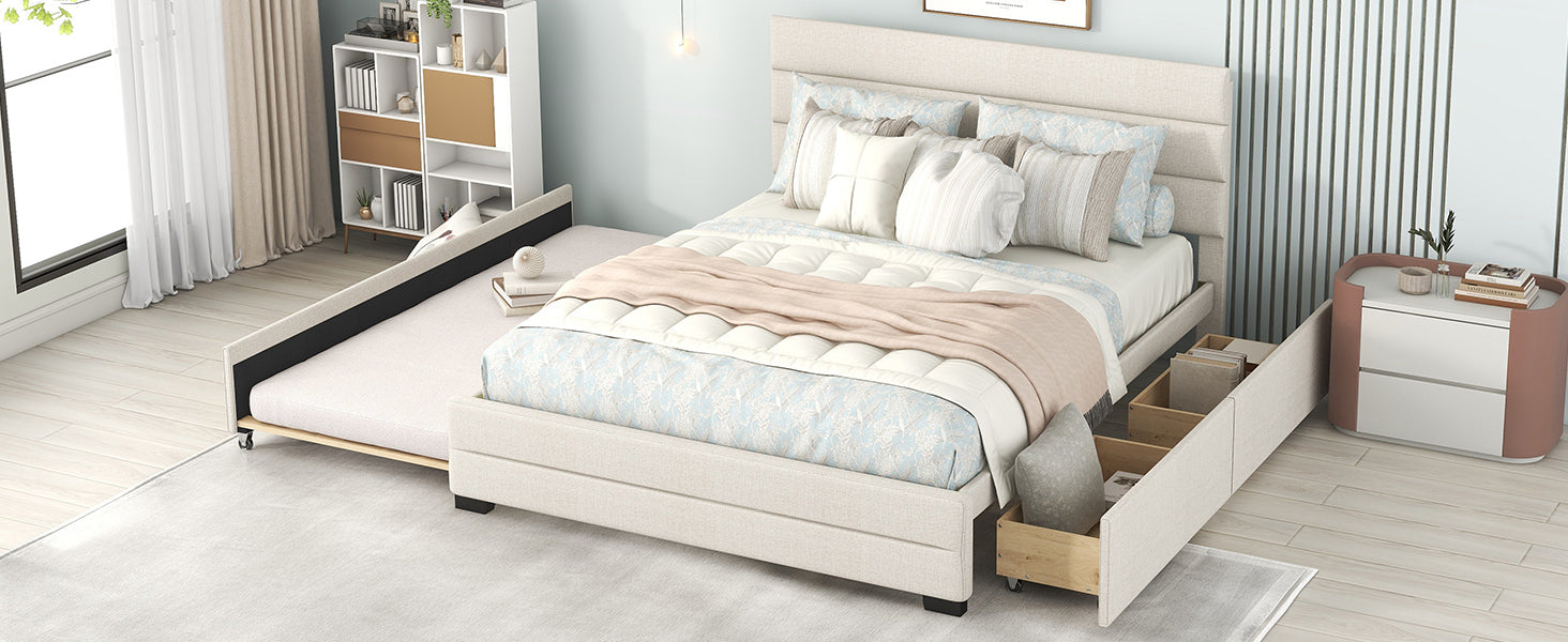 Queen Upholstered Platform Bed with Twin Size Trundle and Two Drawers, Beige