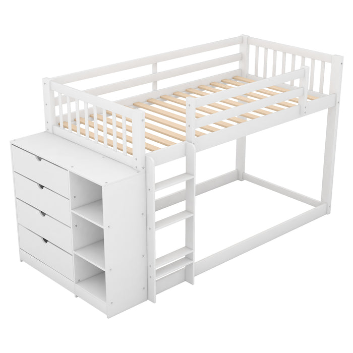 Twin over Twin Bunk Bed with Attached Cabinet and Shelves Storage - White