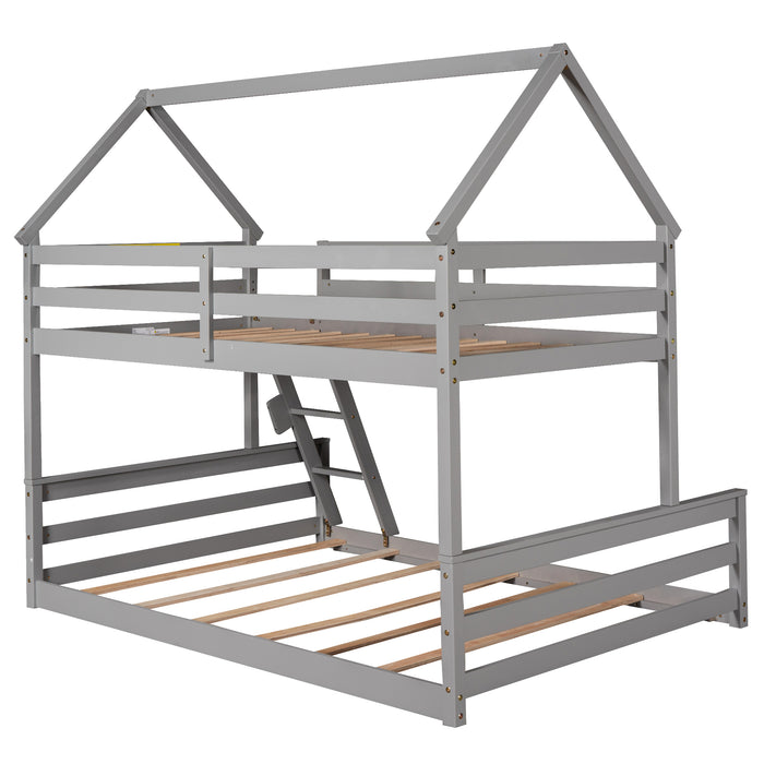 Twin over Full House Bunk Bed with Built-in Ladder - Gray