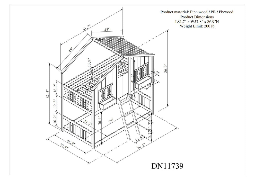 Twin over Twin House Bunk Bed with Roof & Windows - Grey